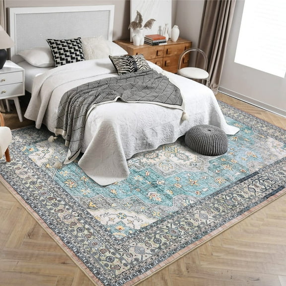 HOMERRY Washable Area Rug 9' x 12' Rug for Living Room Floral Pattern Carpet, Teal