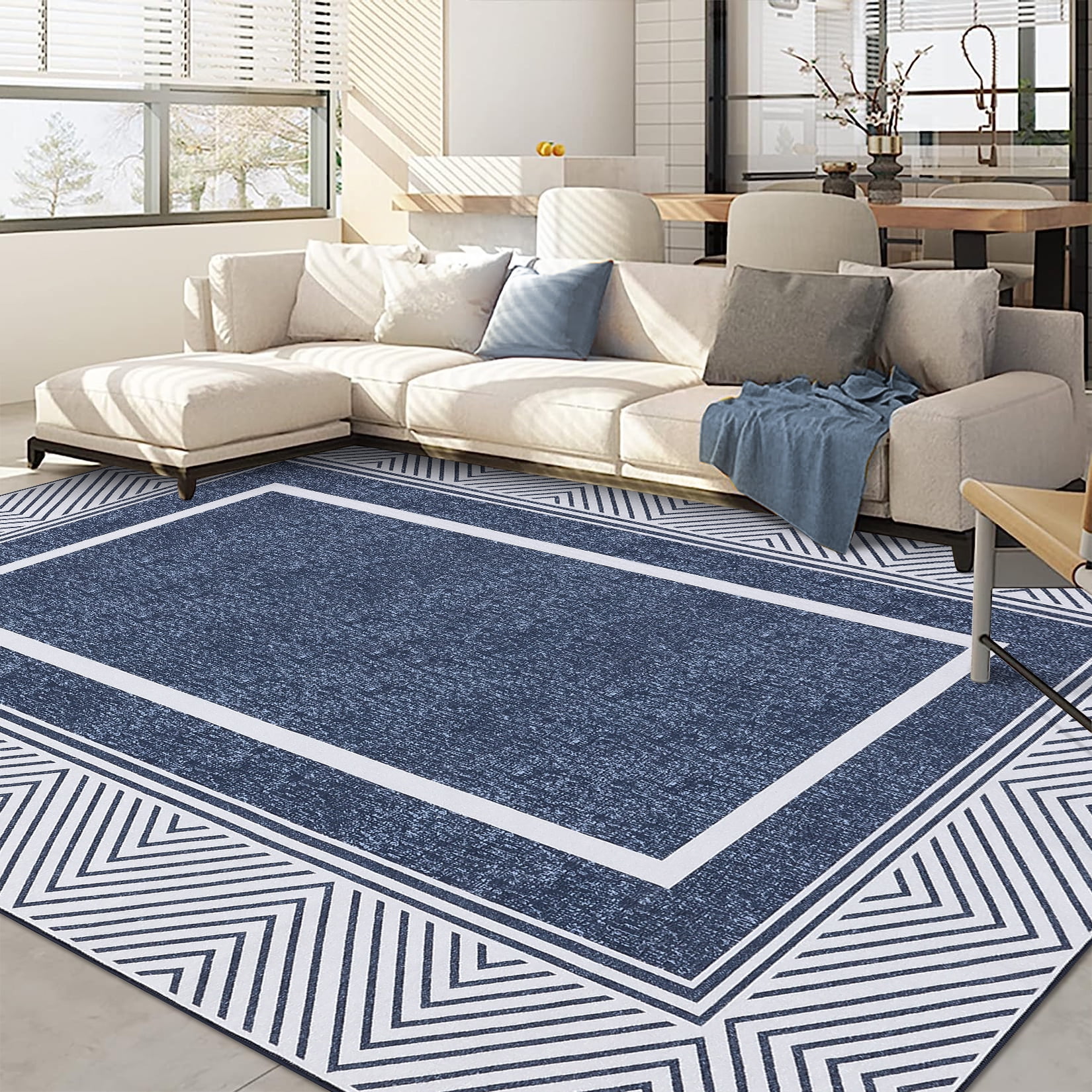 HOMERRY Washable Area Rug 9' x 12' Rug for Living Room Geometric bordered Pattern Carpet, Blue