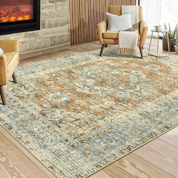 HOMERRY Washable Area Rugs 8' x 10' Large Rug Boho Non Slip Floor Carpet Distressed Printed Rug, Yellow