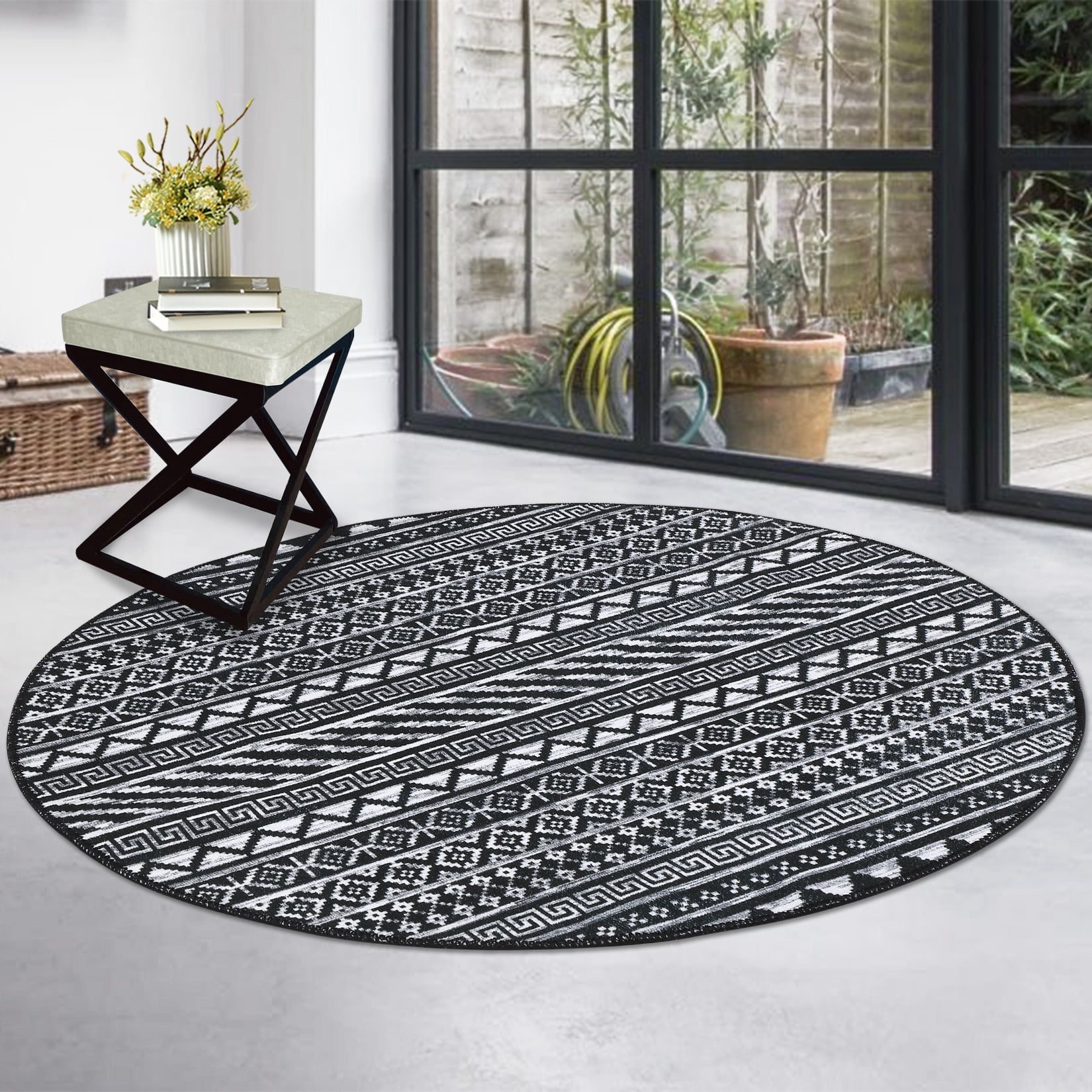 HOMERRY Washable Boho Round Rug for Living Room Low Pile Non-Slip Round ...