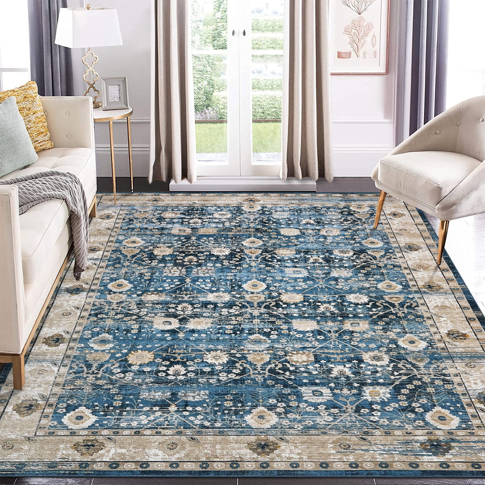 Blue Floral Chenille Washable Non-Slip 8' x 10' Area Rug