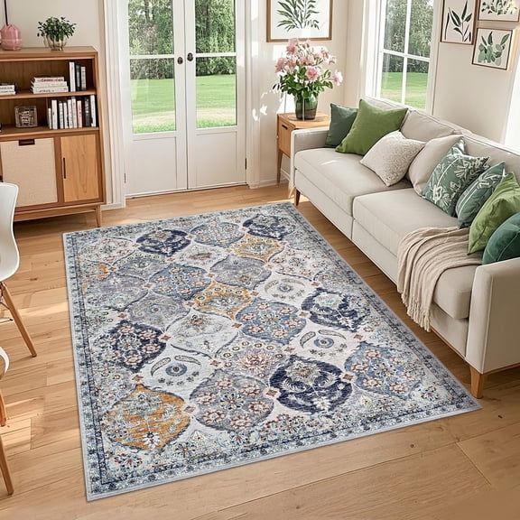 HOMERRY Washable Floral Area Rug 9' x 12' Bedroom Rug for Dining Room Low Pile Carpet, Orange/Blue