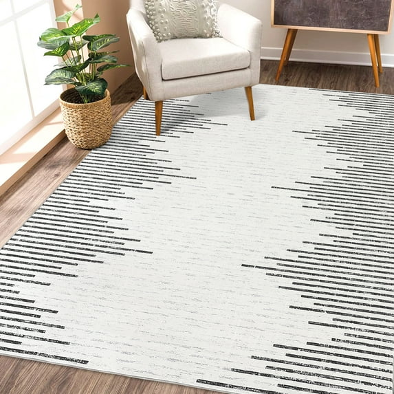 HOMERRY Washable Indoor Carpet Geometric Border Striped Area Rug for Living Room, Beige 5' x 7'