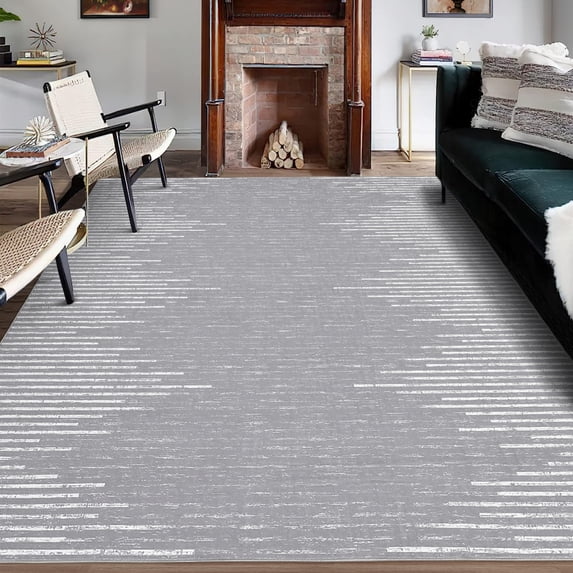HOMERRY Washable Indoor Carpet Geometric Border Striped Area Rug for Living Room, Gray 4' x 6'