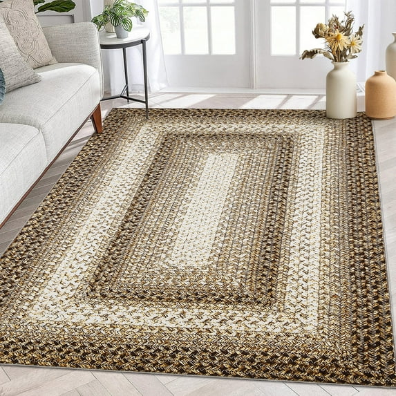 HOMERRY Washable Rug 3x5 Braided Pattern Low Pile Entryway Rug Boho Geometric Foldable Rug, Beige/Taupe