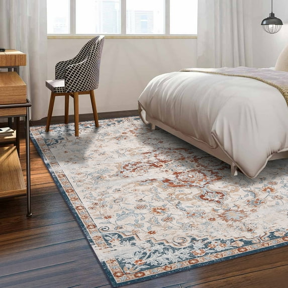 HOMERRY Washable Rug 8x10 Boho Floral Oriental Area Rugs for Living Room Vintage Distressed Persian Carpet Accent Indoor Rug for Bedroom, Red/Beige