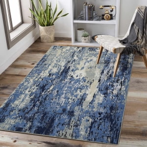 Blue Abstract Washable Synthetic 4' x 6' Area Rug