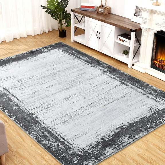 HOMERRY Washable Rugs 5'x 7' Rug for Living Room Bedroom Rug Modern Bordered Thin Indoor Carpet, Gray