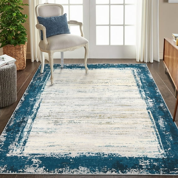 HOMERRY Washable Rugs 8'x 10' Rug for Living Room Bedroom Rug Modern Bordered Thin Indoor Carpet, Teal