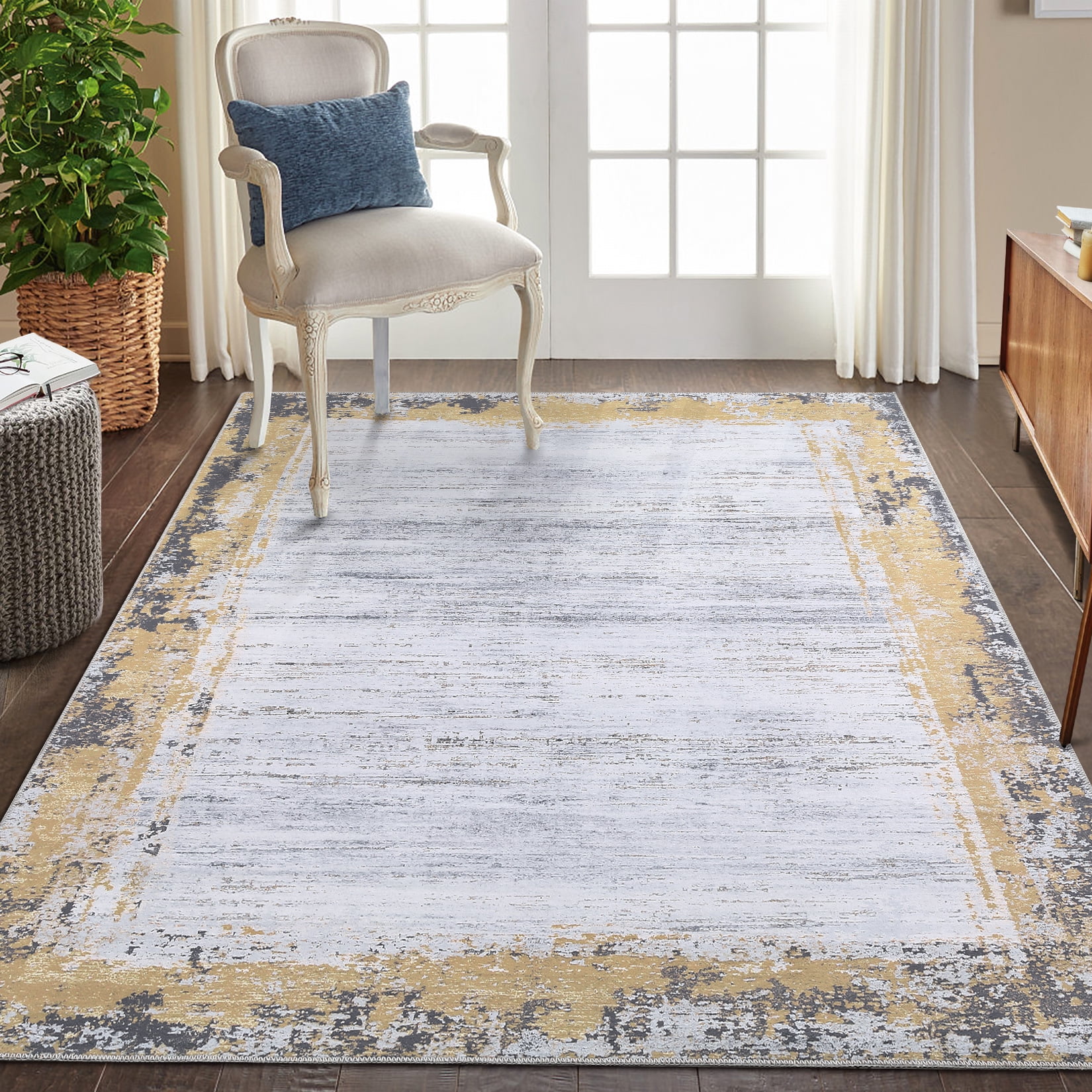 HOMERRY Washable Rugs 8'x 10' Rug for Living Room Bedroom Rug Modern Bordered Thin Indoor Carpet, Yellow