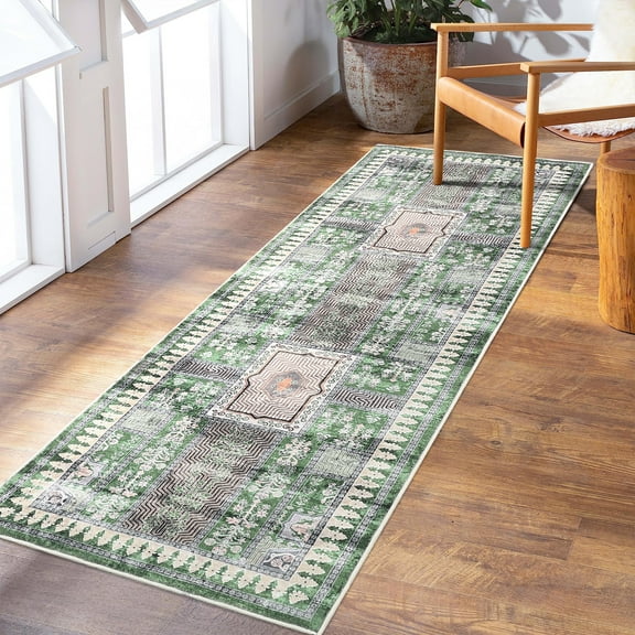 HOMERRY Washable Runner Rug 2' x 6' Floral Geometric Area Rug for Living Room, Green