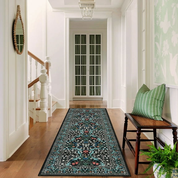 HOMERRY Washable Runner Rug 2'x 6' Floral Runner for Kitchen Hallway, Black