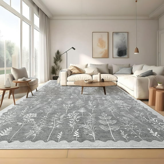HOMERRY Washable Scallop Bordered Pattern Area Rug 8' x 10' for Living Room Indoor Floral Carpet, Light Gray