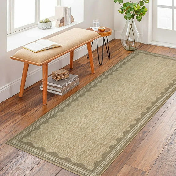 HOMERRY Washable Scalloped Print Area Rug for Living Room Non Slip Indoor Carpet Geometric Bordered Throw Rugs, 2' x 6' Natural