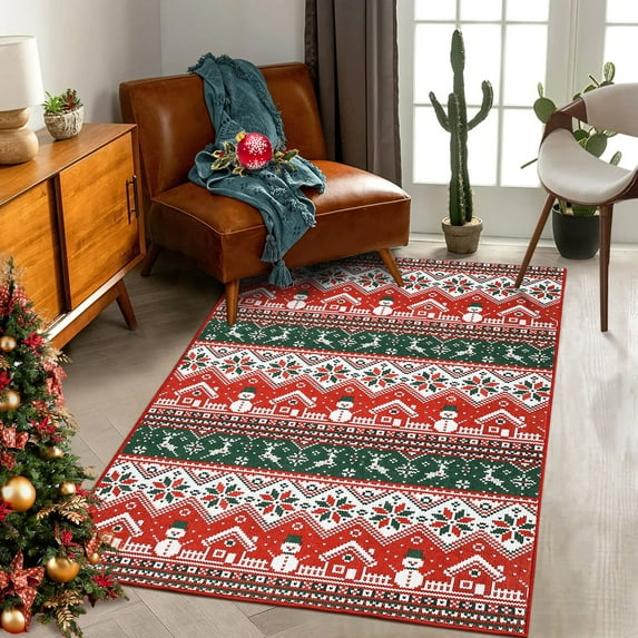 HOMERRY Xmas Rug Christmas Home Decor Area Rug Washable Non-slip 8' x 10' Modern Indoor Rug for Living Room Dining Room, Green/Red