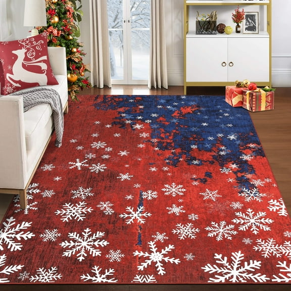 HOMERRY Xmas Rug Christmas Home Decor Snowflake Pattern Area Rug Washable Non-slip 4' x 6' Modern Throw Rug for Living Room Indoor Red/Blue Carpet