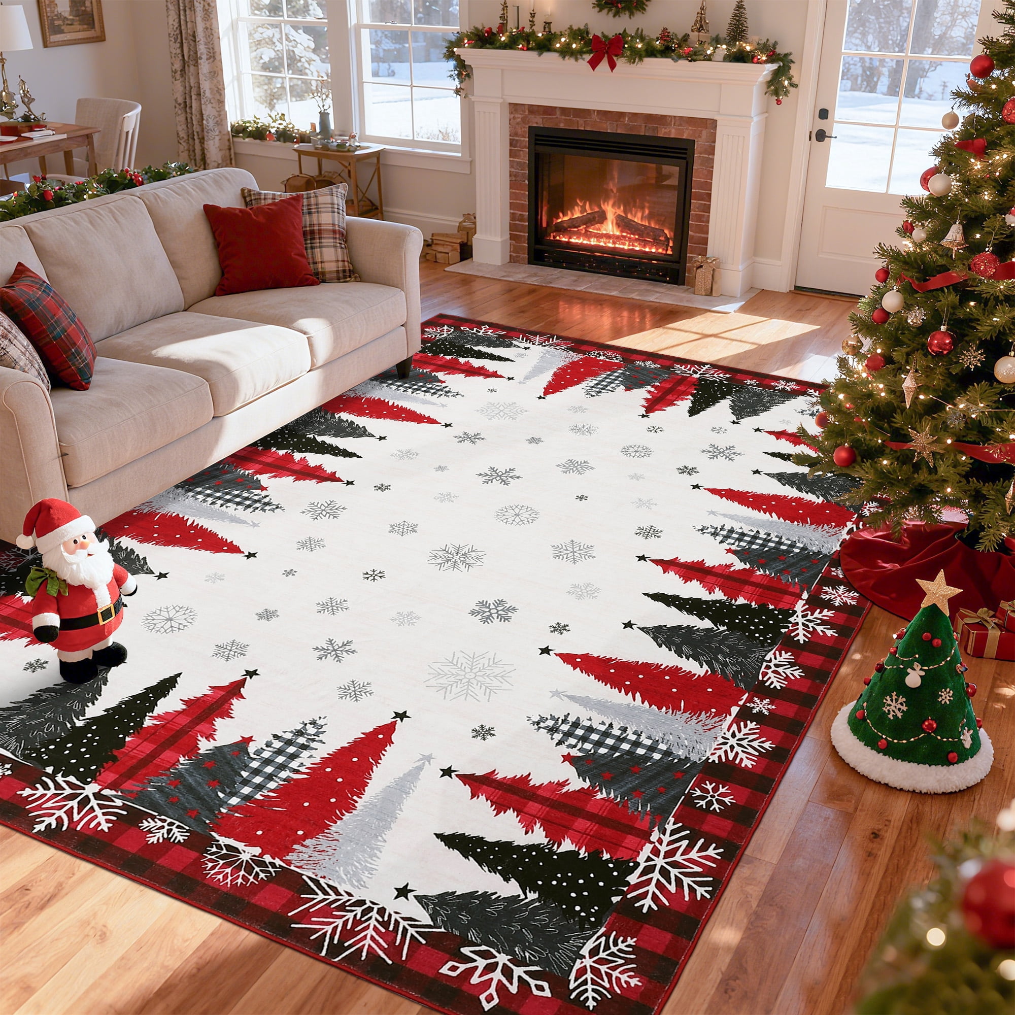 HOMERRY Xmas Rug Christmas Home Decor Snowflake &Tree Border Area Rug ...