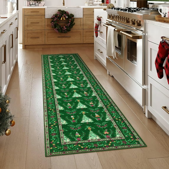 HOMERRY Xmas Rug Christmas Home Decor Tree Border Area Rug Washable Non-slip 2' x 10' Modern Rug for Kitchen Enterway Indoor Green Carpet