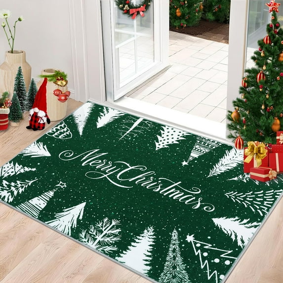 HOMERRY Xmas Rug Christmas Home Decor Tree Border Throw Rug Washable Non-slip 2' x 3' Modern Indoor Floor Mat for Doormat Indoor Green Carpet