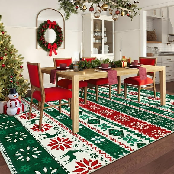 HOMERRY Xmas Rug Christmas Home Decor Tree Deer Print Area Rug Washable Non-Slip 8' x 10' Modern Throw Rug for Living Room Indoor Green Carpet