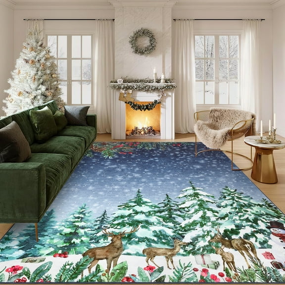 HOMERRY Xmas Rug Christmas Home Decor Tree Deer Print Area Rug Washable Non-slip 6' x 9' Modern Throw Rug for Living Room Indoor Blue Carpet