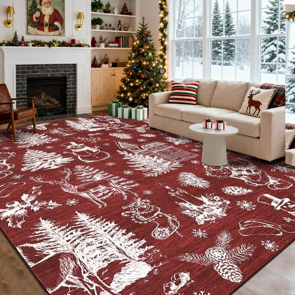 HOMERRY Xmas Rug Christmas Home Decor Tree Deer Print Area Rug Washable Non-slip 9' x 12' Modern Throw Rug for Living Room Indoor Red Carpet