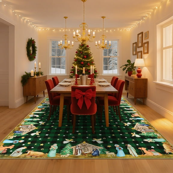 HOMERRY Xmas Rug Christmas Plaid Room Decor Carpet Indoor Modern Washable Non-Slip Throw Rug for Living Room 8' x 10' Green