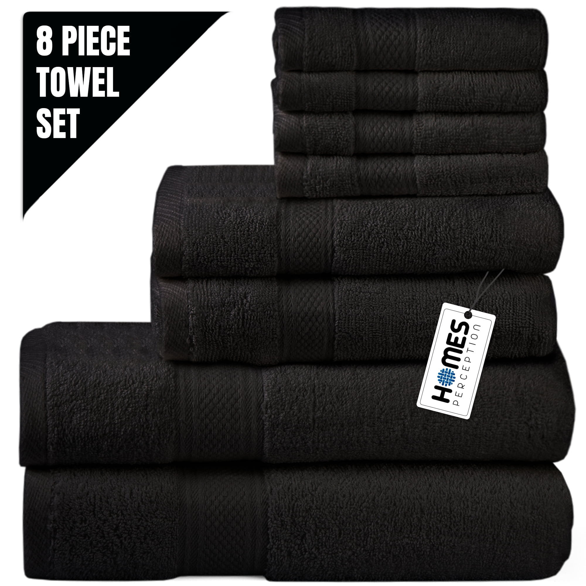 HOMES PERCEPTION 8 Pack Towel Set - 2 Bath, 2 Hand, 4 Wash Cloths, 100% Cotton Black