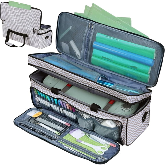 HOMEST Double Layer Carrying Case with Mat Pocket for Cricut Maker 4, Explore 4, Multi Front Pockets for Accessories and Supplies, Grey