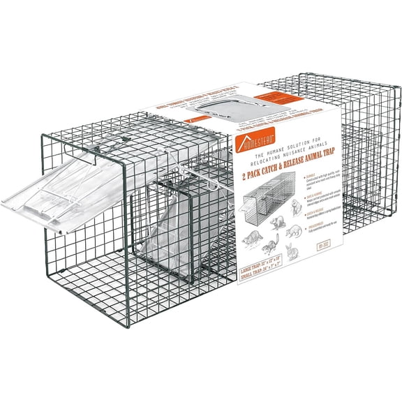 Homestead 2-Pack Live Animal Trap - Specialized for Raccoons, Opossums, Groundhogs, Skunks, Feral Cats, Squirrels - Heavy Duty Steel Traps, 1-Door, Green, Humane Catch & Release Animal Trap,89-302