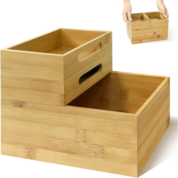 HOMESTEAD 3-Piece Stackable Bamboo Storage Box, Office Desk Organizer, Wooden Boxes for Makeup Drawer Organizer Bathroom, Office Supplies, Kitchen Utensils, Bamboo Storage Containers, Jewelry Tray