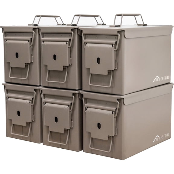 HOMESTEAD 50 Cal Metal Ammo Can  6-Pack M2A1 Military Steel Ammo Storage Box, Airtight & Water-Resistant Ammo Containers for Long-Term Storage, Dark Brown