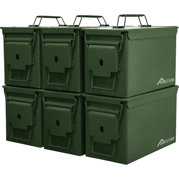 HOMESTEAD 50 Cal Metal Ammo Can – 6-Pack M2A1 Military Steel Ammo Storage Box, Airtight & Water-Resistant Ammo Containers for Long-Term Storage, Green Color