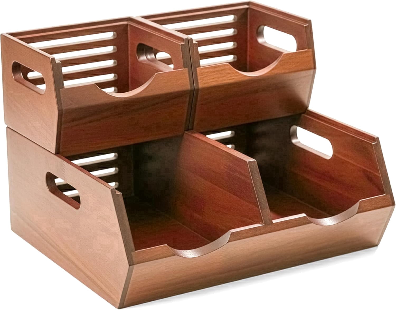 HOMESTEAD Acacia Wood Pantry Storage Bins, Stackable Bins Open Front Organizer, Ventilated Potato and Onion Storage Bins with Handles, Wooden Fruit Basket for Kitchen Pantry, Set of 3, Chest Nut