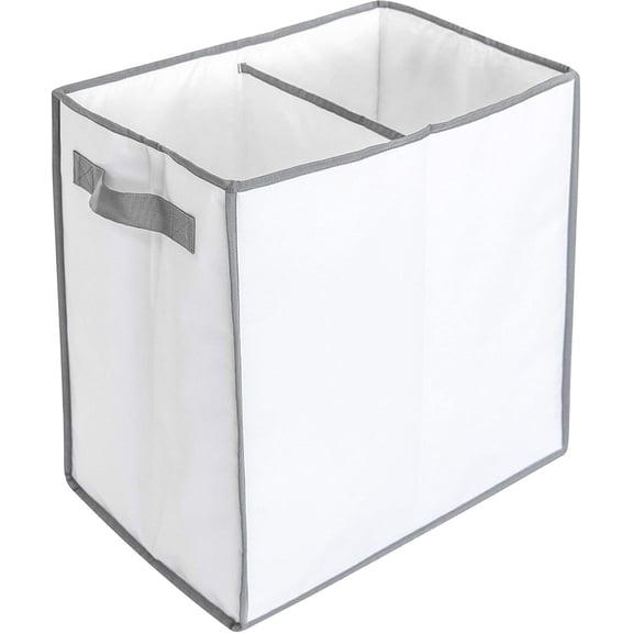 HOMESTEAD Laundry Basket – White Minimalist Collapsible Laundry Hamper with Two Compartments and Handles, Large Foldable Polyester Storage Bin for Clothes and Linens