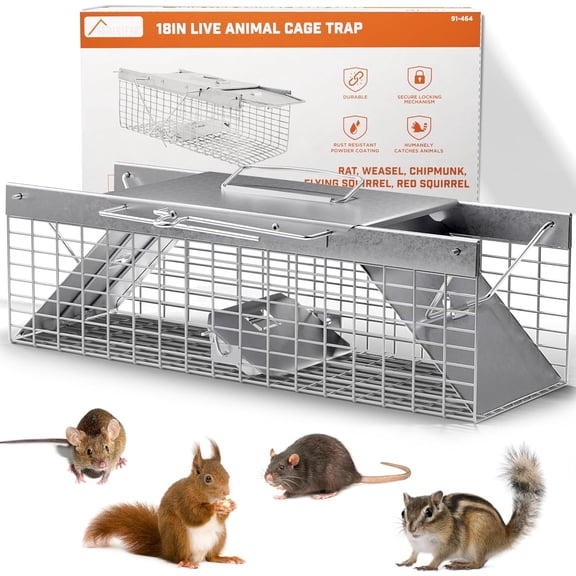 HOMESTEAD Live Rat Trap Indoor/Outdoor, Humane Live-Catch Cage Trap for Squirrel, Chipmunk, Small Rabbit, Weasel & Similar-Size Rodents, 18" x 5" x 5", 2 Doors, Fully Assembled