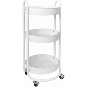 HOMESTEAD Round Rolling Side Table Cart, 3 Tier Metal Utility, 60 lb Heavy Duty, 15″ Diameter, Lockable 360° Casters (White)