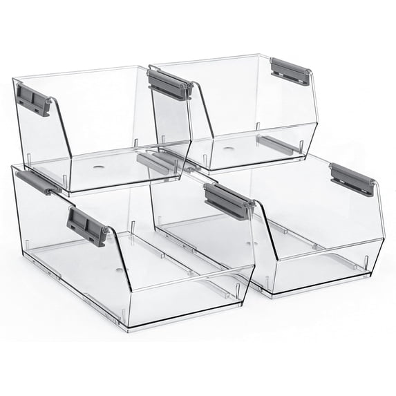 Homestead Stackable Pantry Storage Bins, Clear Plastic Open Front Organizers, Set of 4