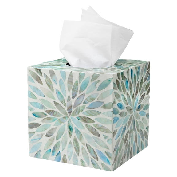 HOMESTEAD Tissue Box Cover Square, Decorative Facial Tissues Holder for Bathroom| Table| Kitchen| Office| Car with Bottom Slider, 5.4 x 5.4 x 5.7 inch, Aqua Flower