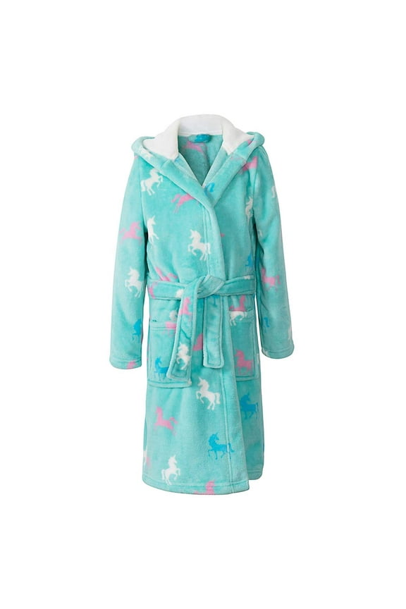 HOMESWEE Girls Fleece Bathrobe Hooded Kids Sleep Robe Flannel Sleepwear Soft Fuzzy Robes(Green, 3-4)