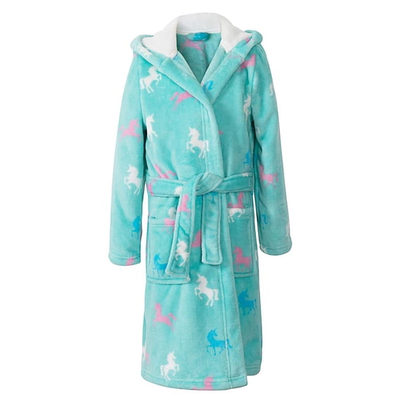 HOMESWEE Girls Fleece Bathrobe Hooded Kids Sleep Robe Flannel Sleepwear Soft Fuzzy Robes(Green, 8-9)