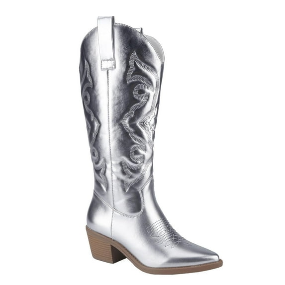 【HOMETOWN-2】Unilady Women's Embroidered Western Cowboy Boots Mid Tube Pointed Toe Chunky Heel Shiny Vintage Fashion Knee Boots Girl Shoe Footwear Walking Shoes Rubber LeatherComfort Onyx Walking Shoes