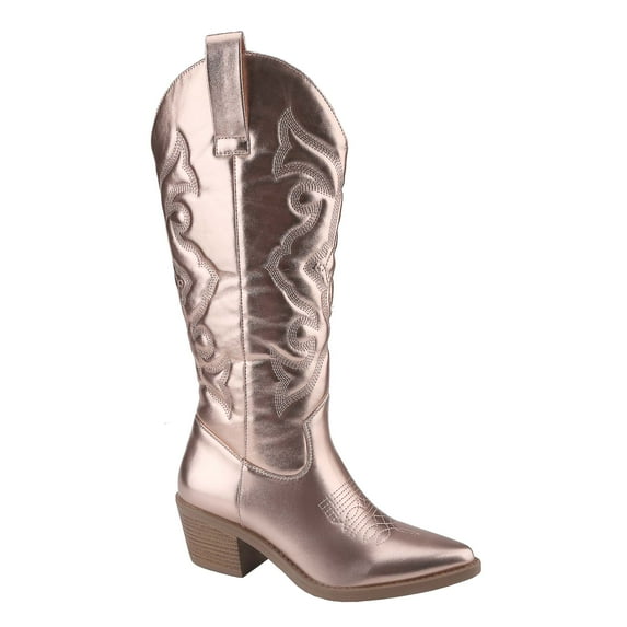 【HOMETOWN-2】Unilady Women's Embroidered Western Cowboy Boots Mid Tube Pointed Toe Chunky Heel Shiny Vintage Fashion Knee Boots Girl Shoe Footwear Walking Shoes Rubber LeatherComfort Onyx Walking Shoes