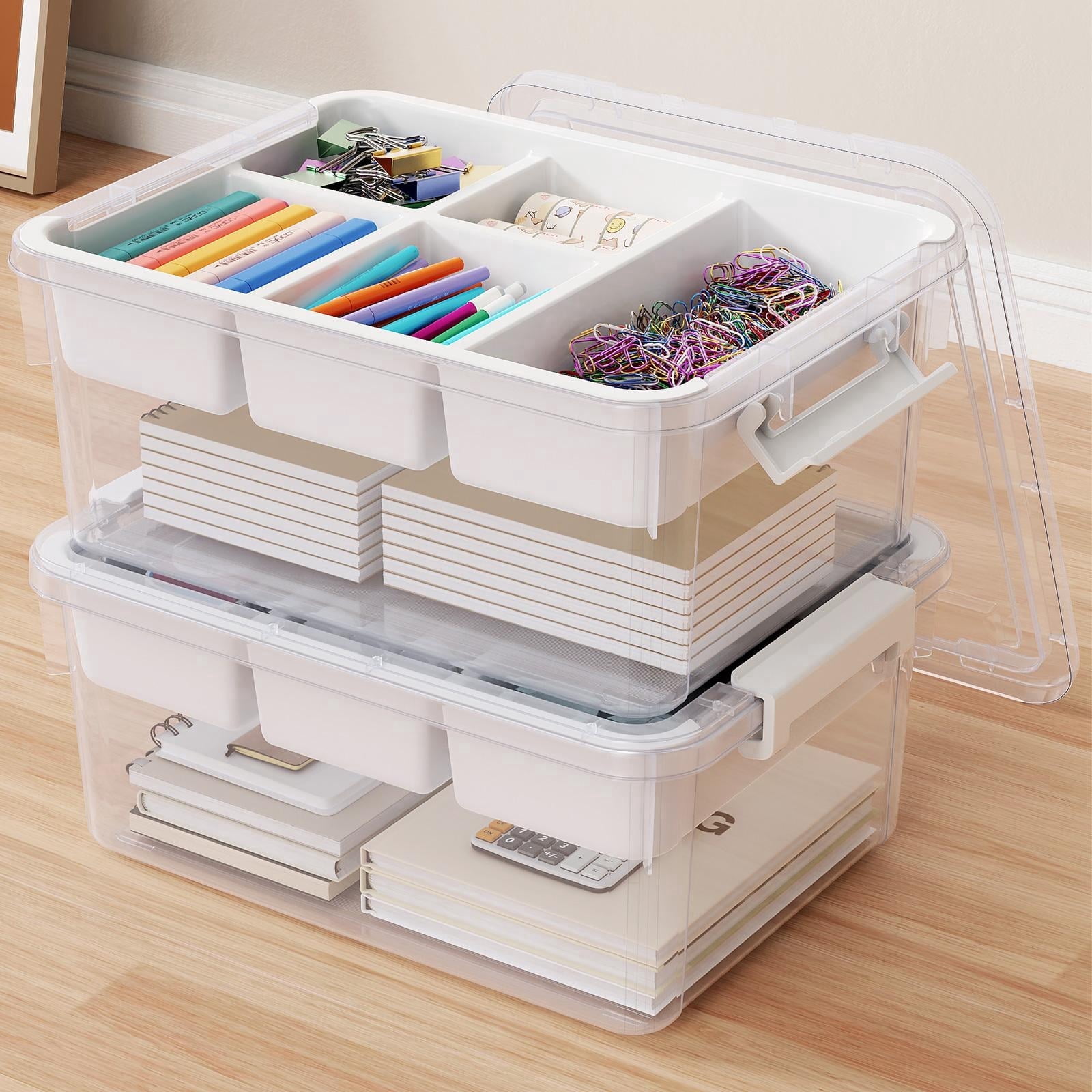 Hometuk 40Qt Stackable Storage Bins with Lids & Trays, Clear Plastic Latching Boxes Organizers with Dividers Portable 10Gal Containers for Arts & Crafts, Home and Car Trunk Organization, 2Pack