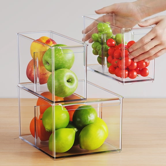 HOMETUK Thicken Plastic Refrigerator Bins 3 Pack, Pantry Organization and Storage Bins with Dividers, Stackable Fridge Organizer Storage Box with Handle for Kitchen Countertop Cabinet Containers