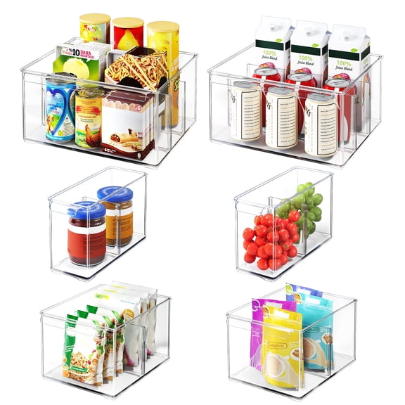 HOMETUK Thicken Plastic Refrigerator Bins 6 Pack, Extra-Large Pantry Organization and Storage Bins with Dividers, Stackable Fridge Organizer Storage Box with Handle for Kitchen Countertop Cabinet