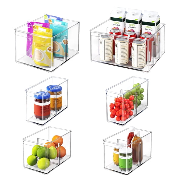 HOMETUK Thicken Plastic Refrigerator Bins 6 Pack, Large Pantry Organization and Storage Bins with Dividers, Stackable Fridge Organizer Storage Box with Handle for Kitchen Countertop Cabinet