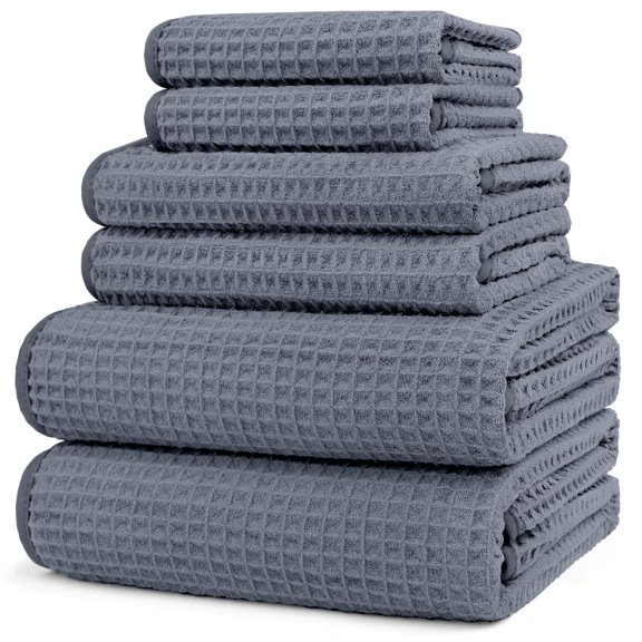 HOMEXCEL 6 Piece Premium Towels Set, 2 Bath Towels, 2 Hand Towels, and 2 Wash Cloths, Soft, Highly Absorbent and Quick Dry Microfiber Waffle Towel for Bathroom, Gym, Shower, Hotel, and Spa, Grey