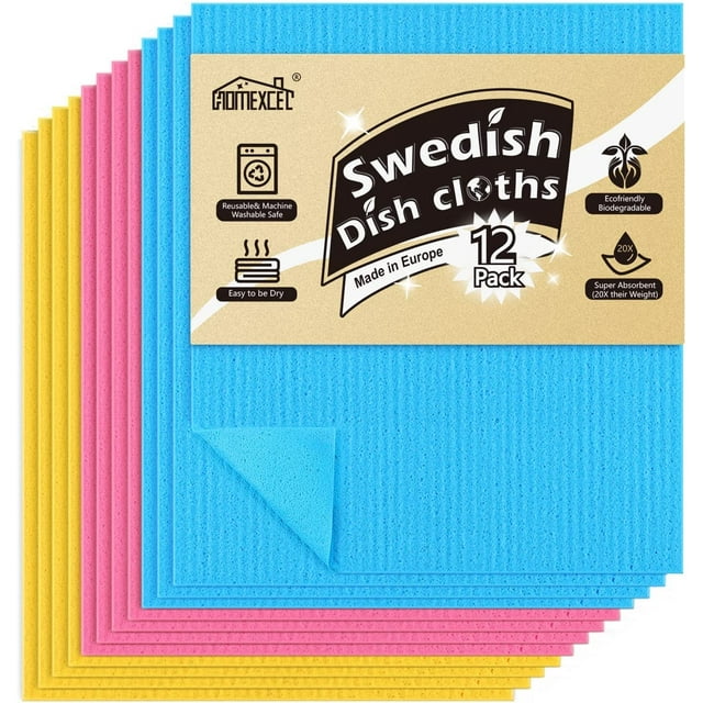 HOMEXCEL Dish Cloth, Swedish Sponge, Pack of 12, Reusable, Absorbent