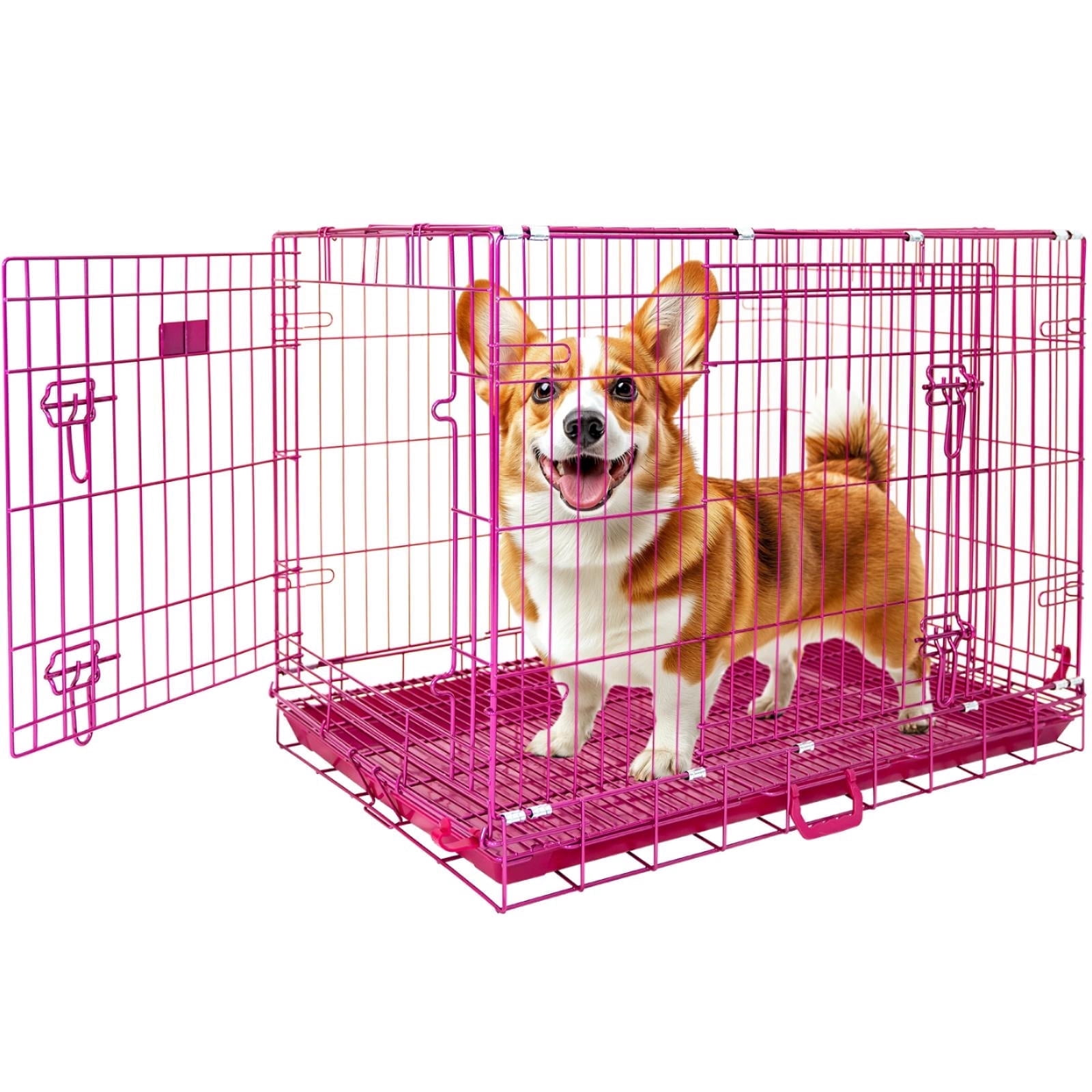 HOMEY PET 36 inch Dog Crate, Cute Pink Dog Cage Collapsible Medium Dog Kennel Indoor, Nano-Coated Metal Wire Dog Crate with Removable Floor Grid Tray, Double Doors Dual Locks, Portable Handle